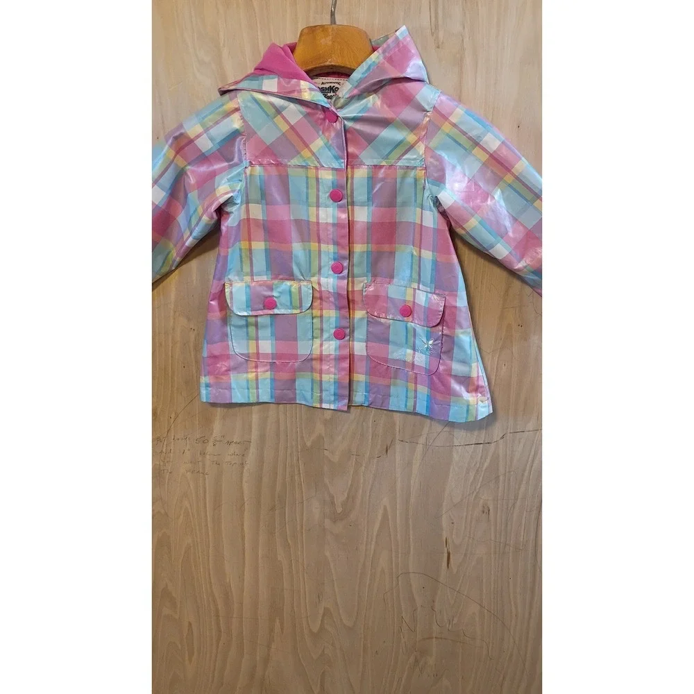 OshKosh Bgosh Girls Pastel Plaid Hooded Raincoat Retro Preppy Style Size 5